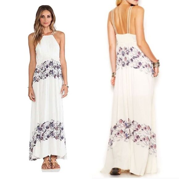 Free People Babydoll Maxi Dress SIZE S Cream Combo Floral Slip Maxi Dress Sheer - Picture 4 of 16